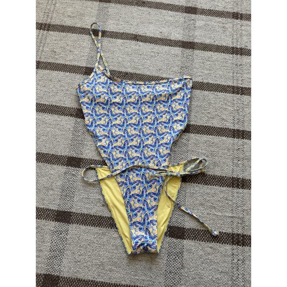 Frankies Bikinis Evangeline One Piece Swimsuit Monarch Yellow Blue Medium String - Picture 1 of 10